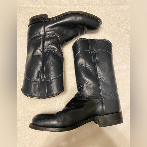 Justin Western navy blue cowboy leather boots, style 3057, sz 6 1/2 B, vintage - Picture 2 of 8